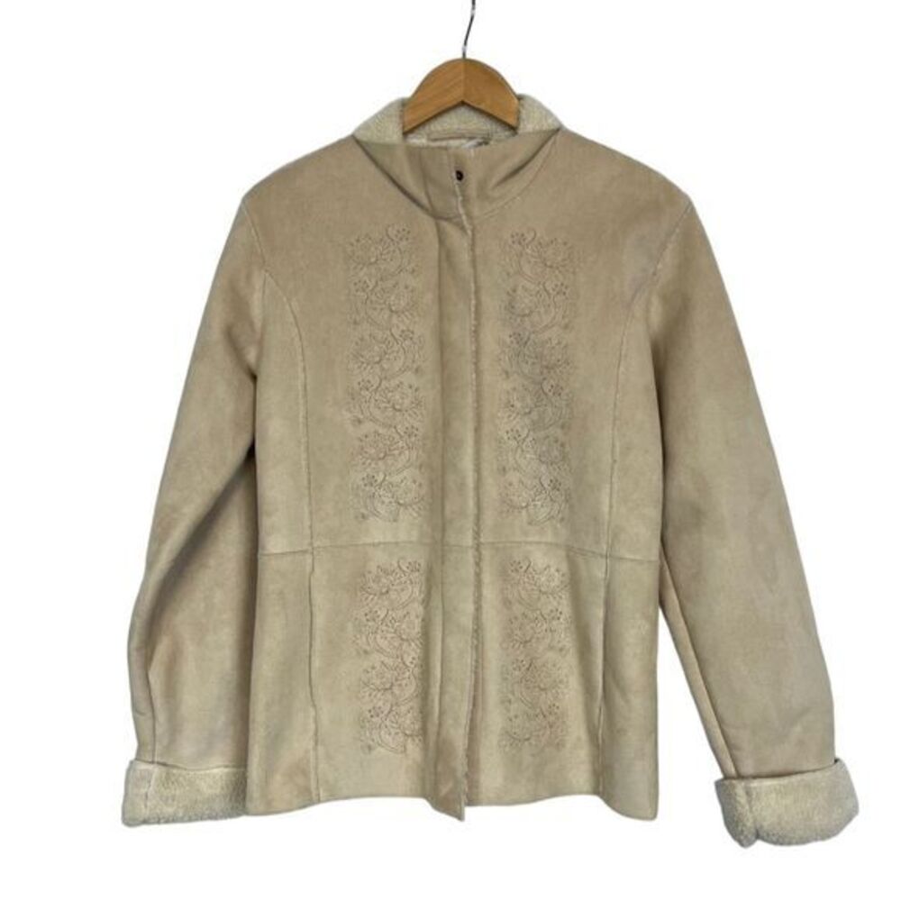 Coldwater Creek S Beige Floral Jacket White Fur Trim Coat